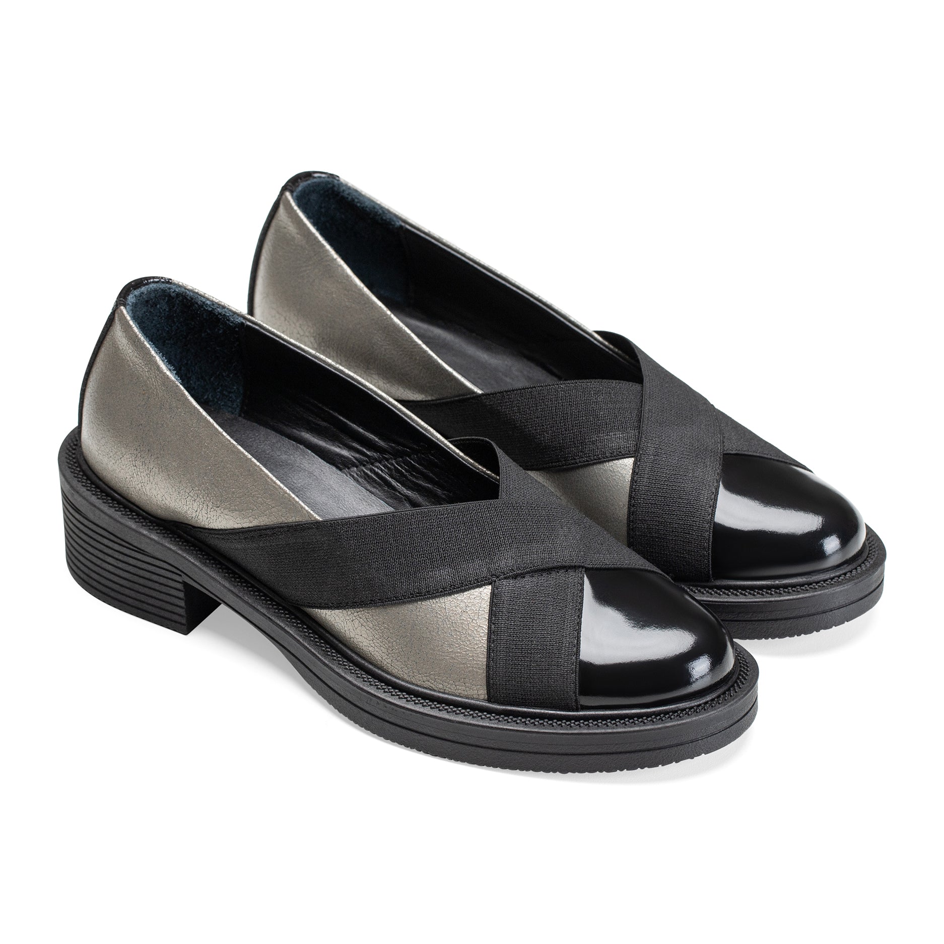 Criss Cross | Elastic Low Heel Women Flats - Silver X Black - Crestshoes