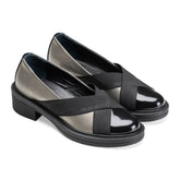 Criss Cross | Elastic Low Heel Women Flats - Silver X Black - Crestshoes
