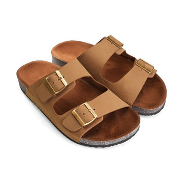 Crest Majesty Comfort Footbed Double Buckle Slides - Beige - Crestshoes