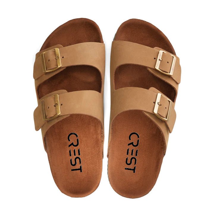 Crest Majesty Comfort Footbed Double Buckle Slides - Beige - Crestshoes