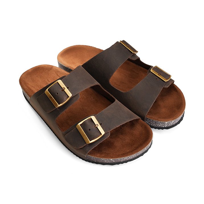 Crest Majesty Comfort Footbed Double Buckle Slides - Brown - Crestshoes