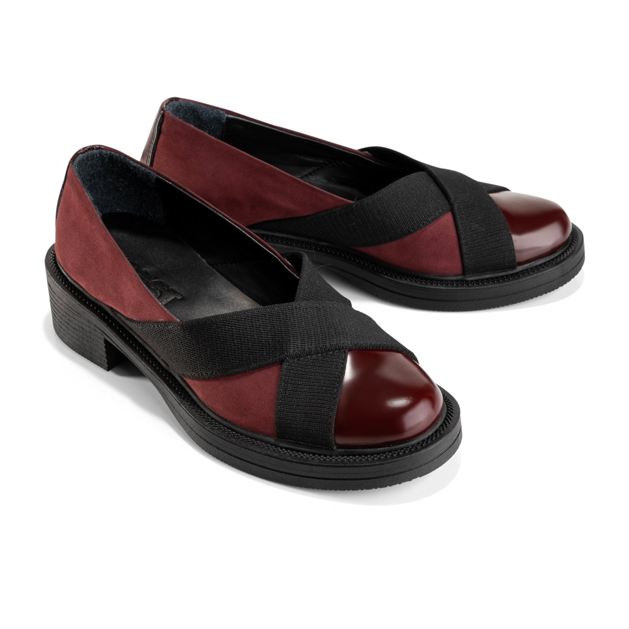 Criss Cross | Elastic Low Heel Women Flats - Burgundy X Black - Crestshoes