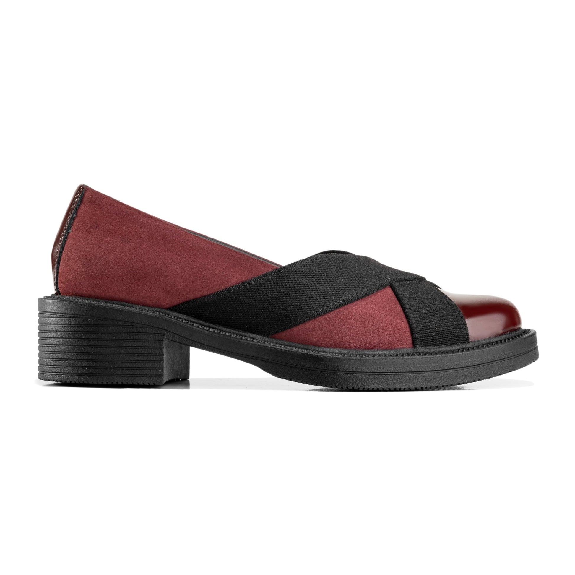 Criss Cross | Elastic Low Heel Women Flats - Burgundy X Black - Crestshoes