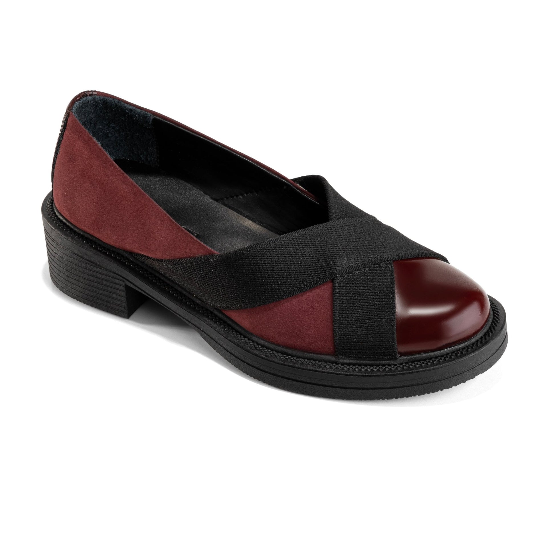 Criss Cross | Elastic Low Heel Women Flats - Burgundy X Black - Crestshoes