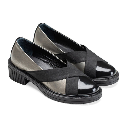 Criss Cross | Elastic Low Heel Women Flats - Silver X Black