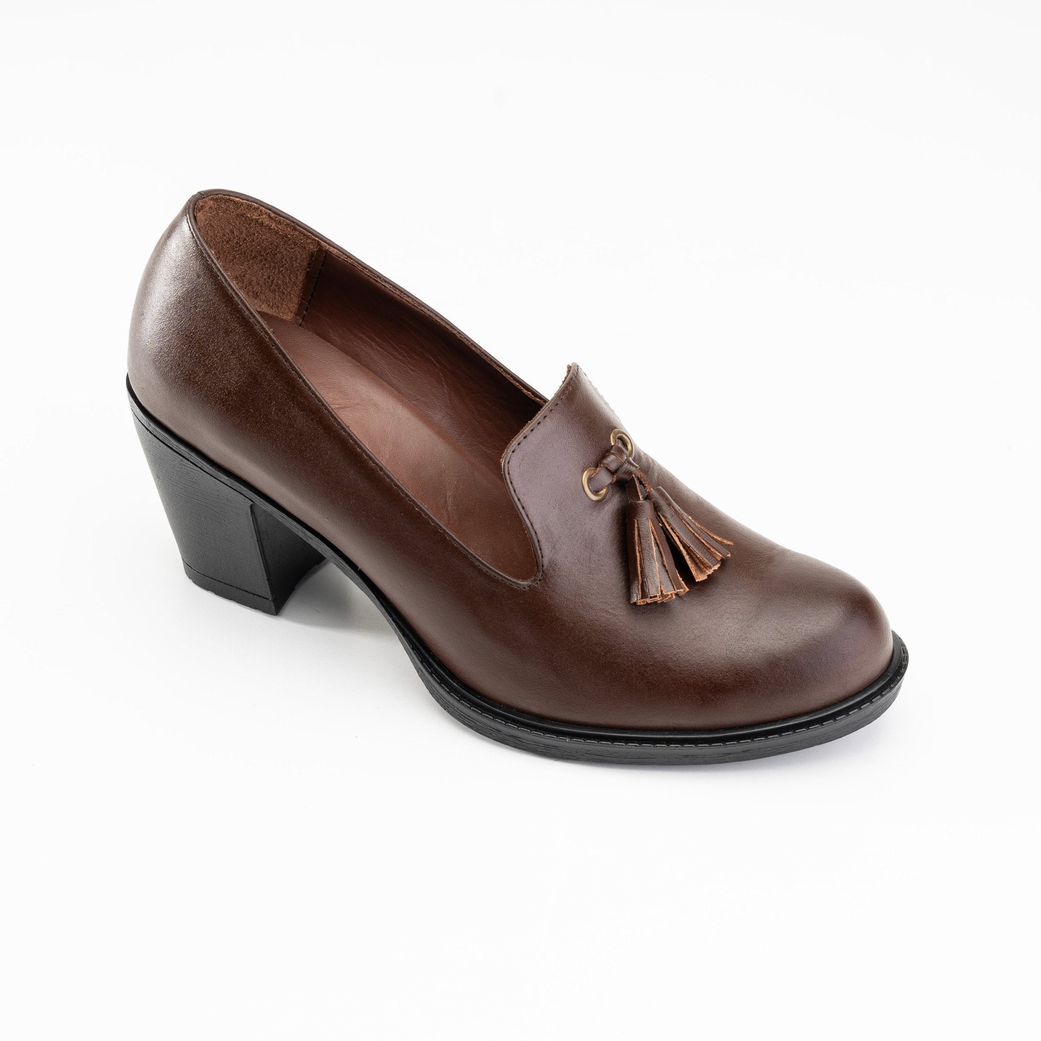 Tassel Block Heels - Brown - Crestshoes
