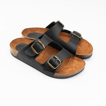 Women Double Buckle Slides - Black - Crestshoes