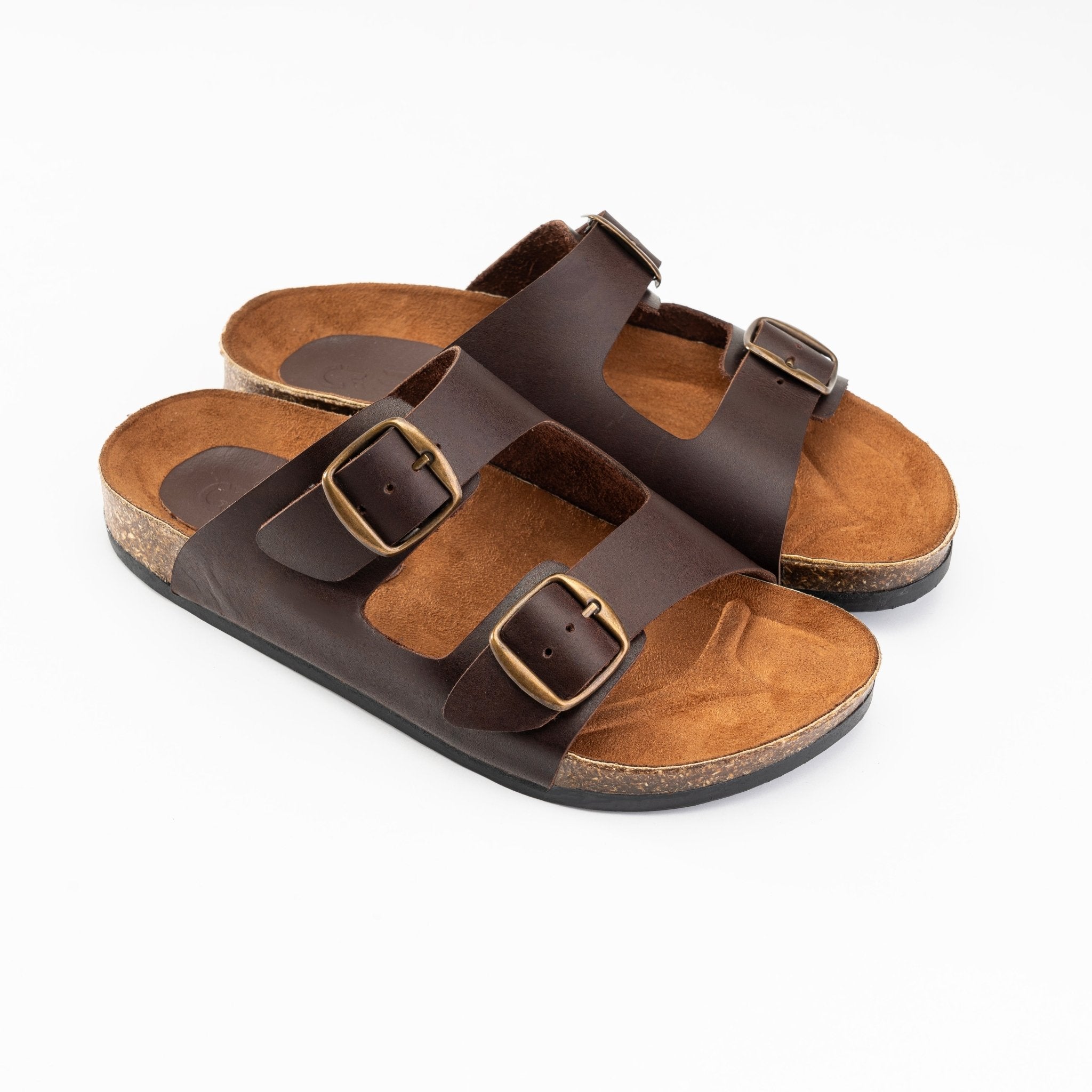 Women Double Buckle Slides - Brown - Crestshoes