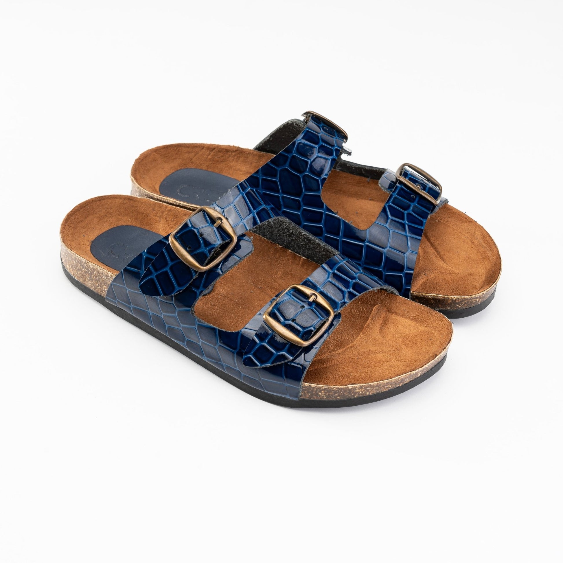 Women Double Buckle Slides - Croco Blue - Crestshoes