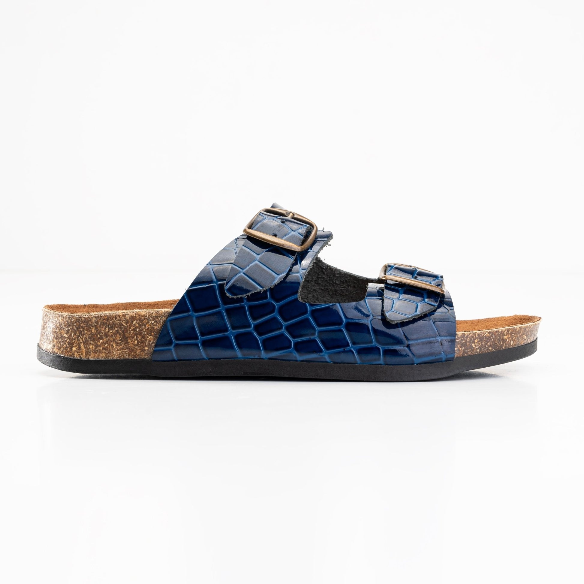 Women Double Buckle Slides - Croco Blue - Crestshoes