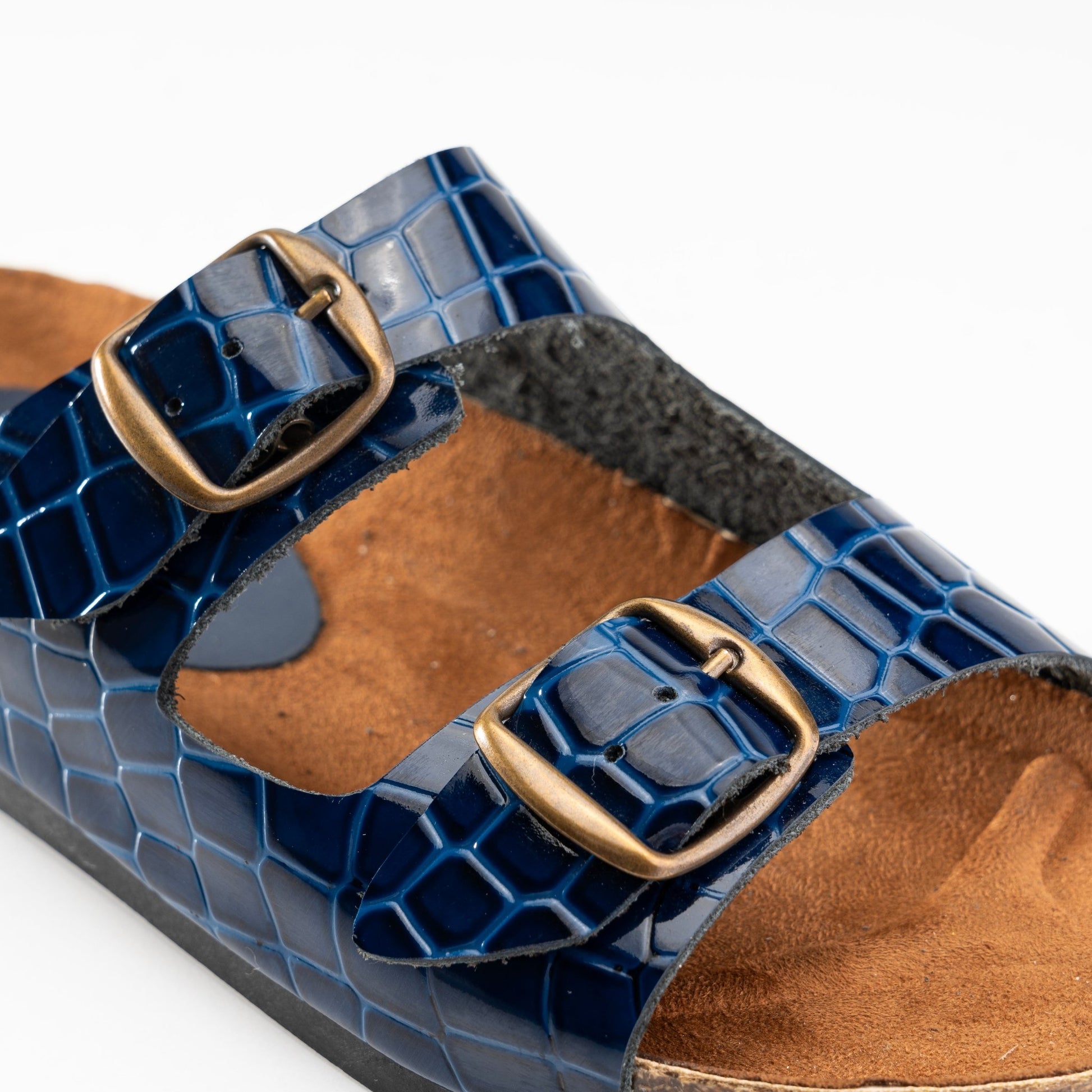 Women Double Buckle Slides - Croco Blue - Crestshoes