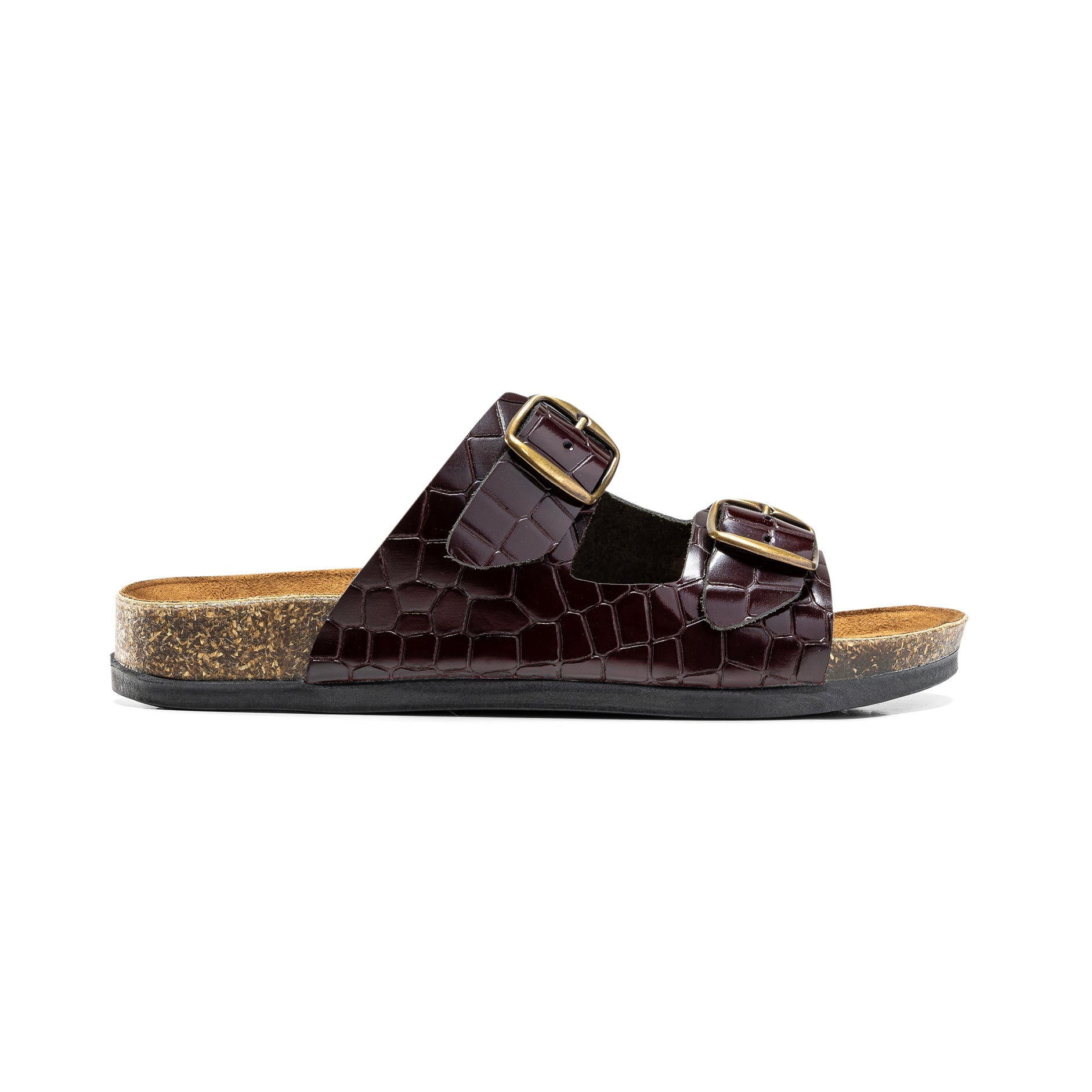 Women Double Buckle Slides - Croco Burgandy - Crestshoes