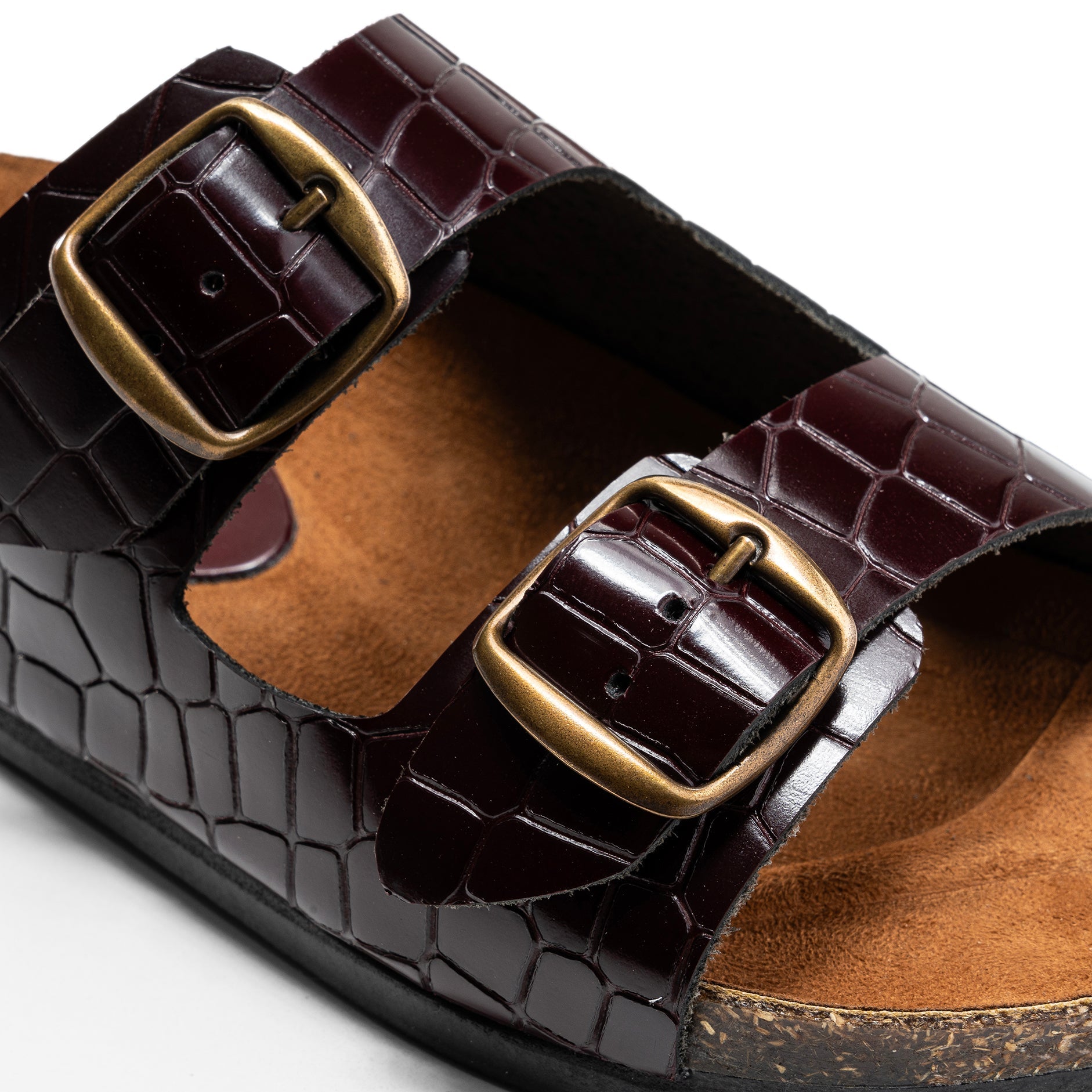 Women Double Buckle Slides - Croco Burgandy - Crestshoes