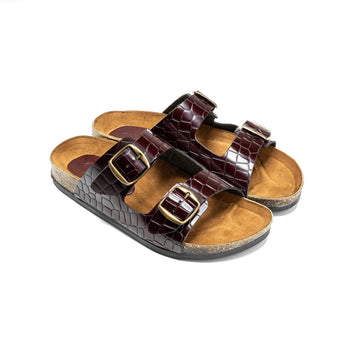 Women Double Buckle Slides - Croco Burgandy - Crestshoes