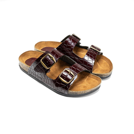 Women Double Buckle Slides - Croco Burgandy