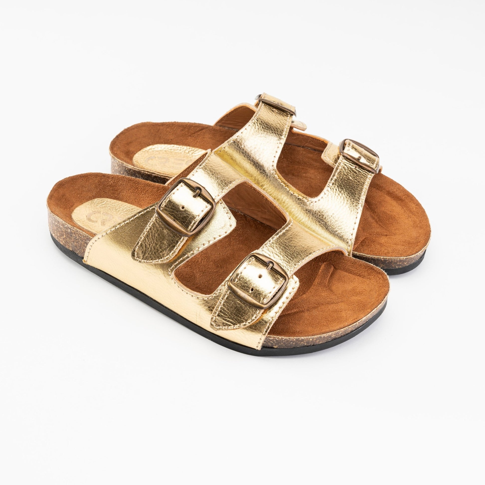 Women Double Buckle Slides - Gold - Crestshoes