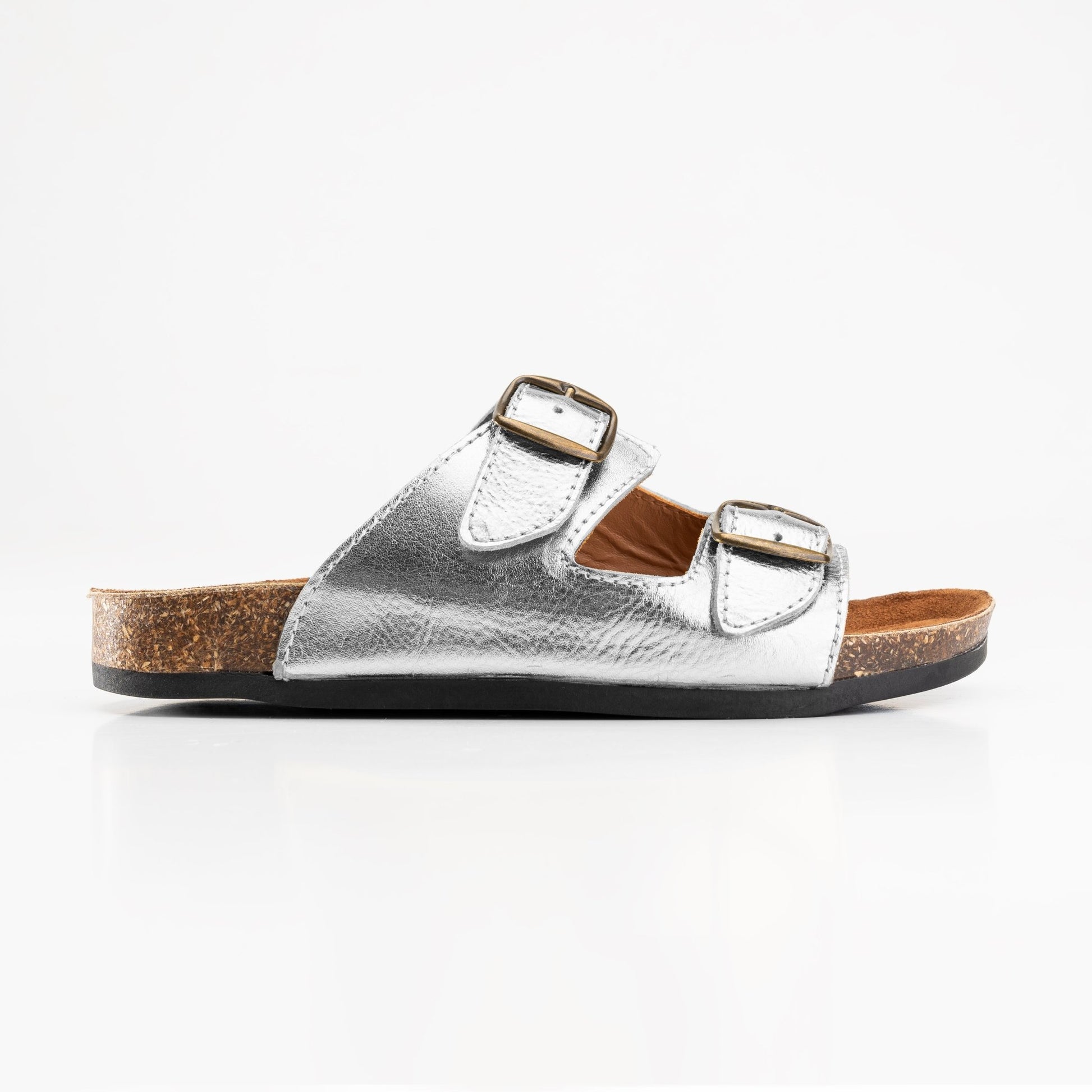 Women Double Buckle Slides - Silver - Crestshoes