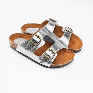 Women Double Buckle Slides - Silver - Crestshoes