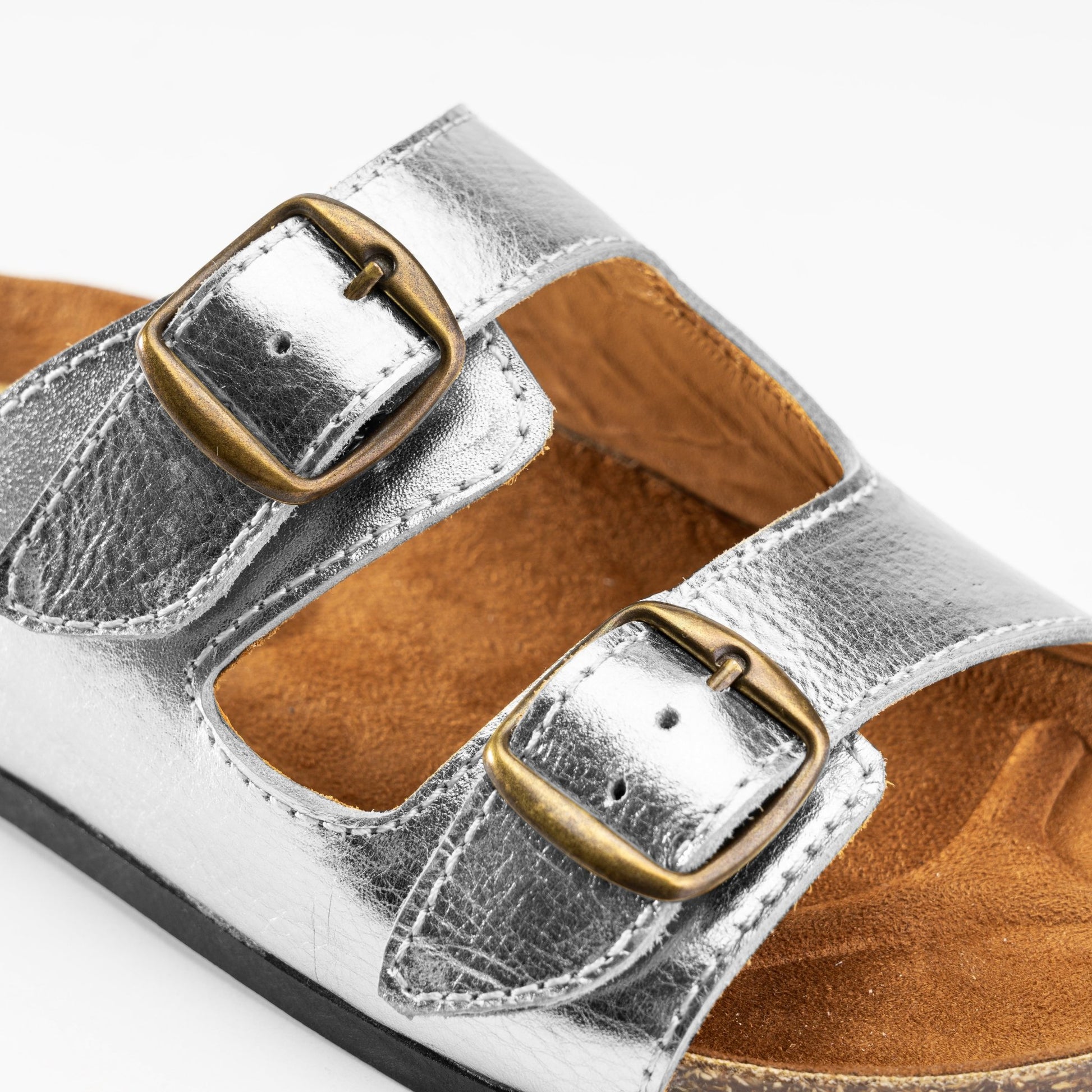 Women Double Buckle Slides - Silver - Crestshoes