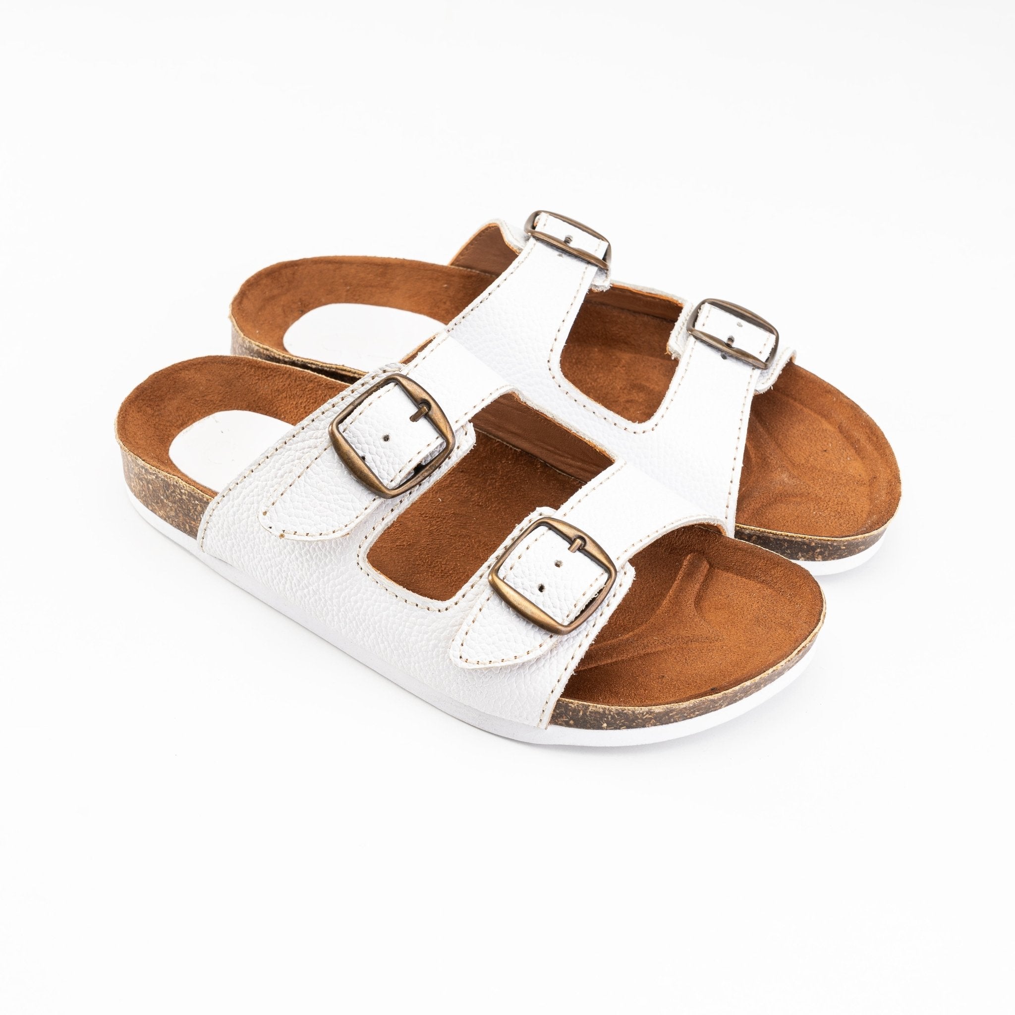 Women Double Buckle Slides - White - Crestshoes